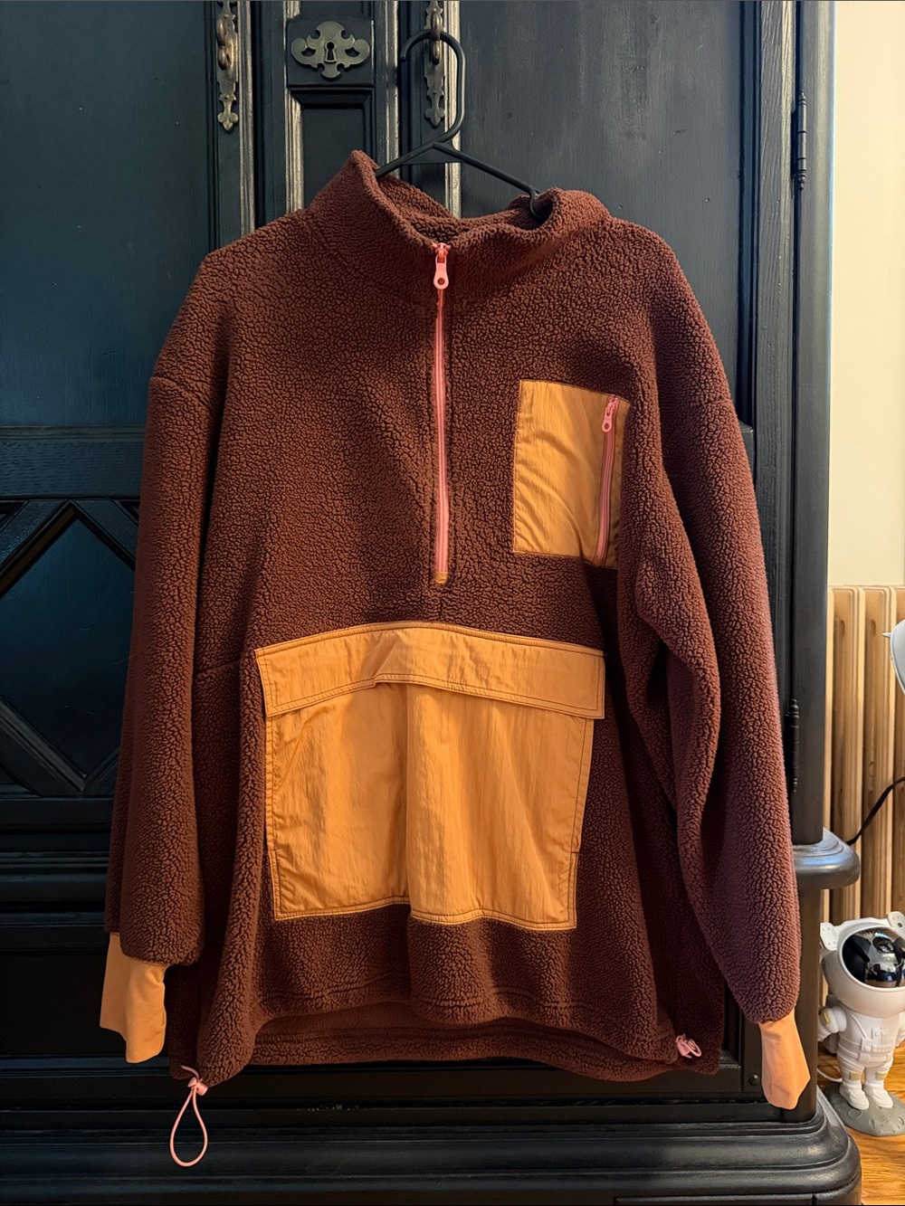 aerie Brown Sherpa Pullover with Mustard Pocket Accents